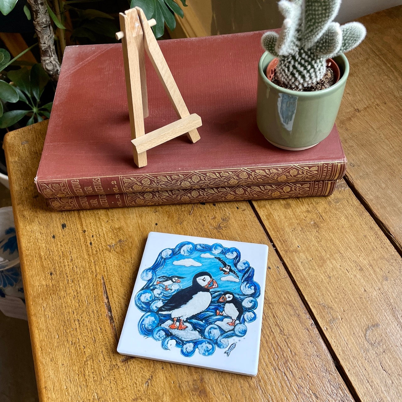 Puffin party~ Ceramic coaster & Easel