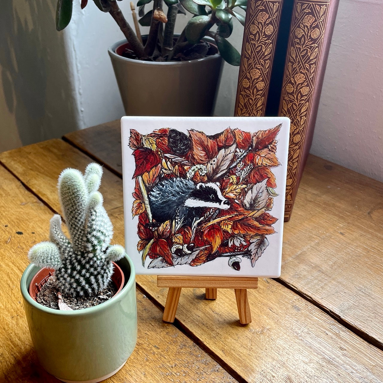 Badger in autumn~ Ceramic coaster & Easel