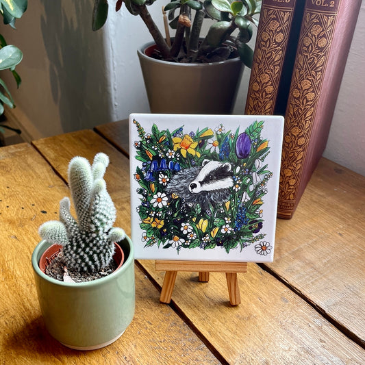 Badger in spring~ Ceramic coaster with Easel
