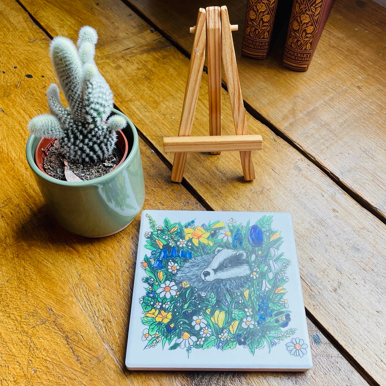 Badger in spring~ Ceramic coaster with Easel