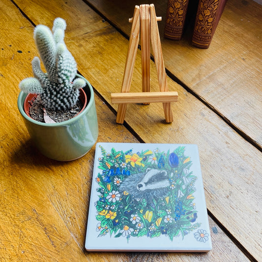 Badger in spring~ Ceramic coaster with Easel