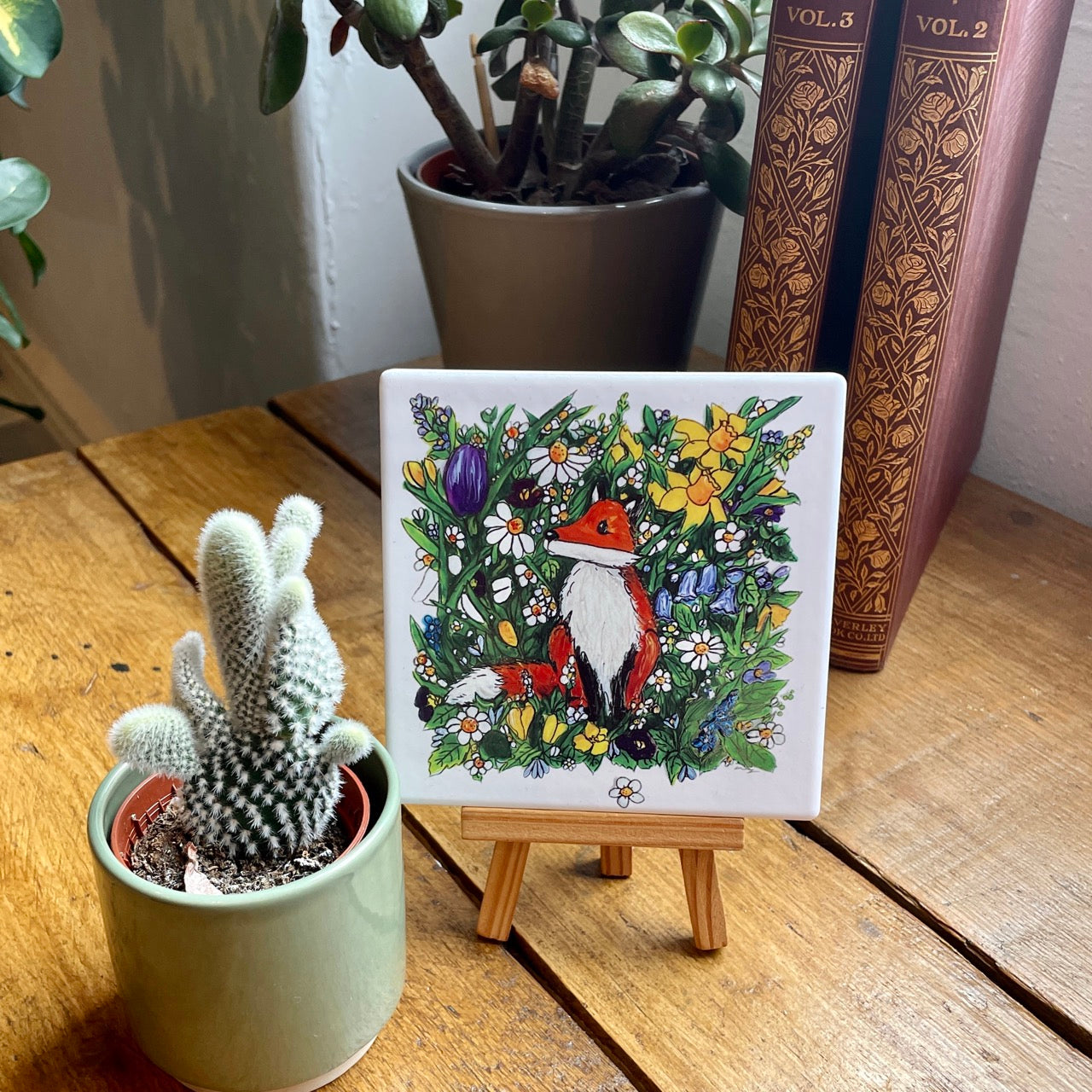 Fox in spring~ Ceramic coaster with Easel