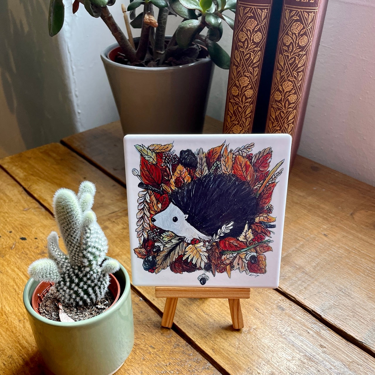 Hedgehog in autumn~ Ceramic coaster & Easel