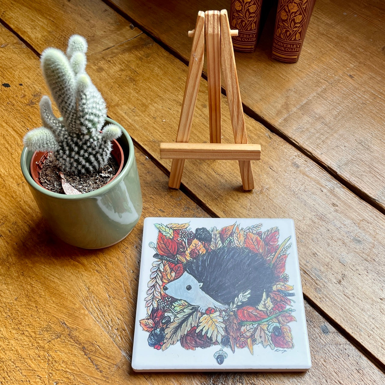 Hedgehog in autumn~ Ceramic coaster & Easel