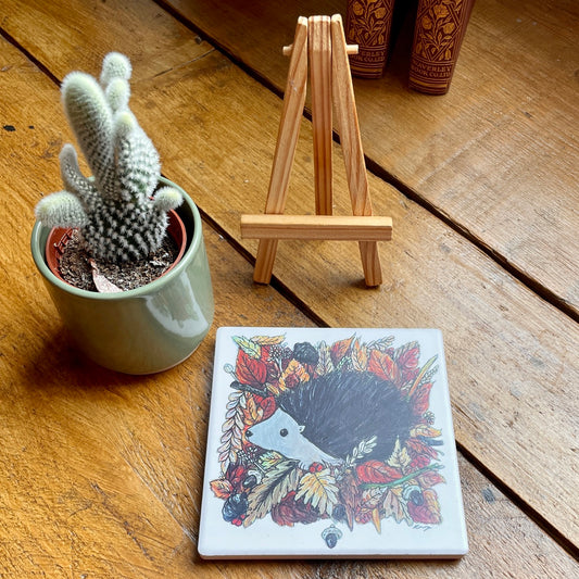 Hedgehog in autumn~ Ceramic coaster & Easel