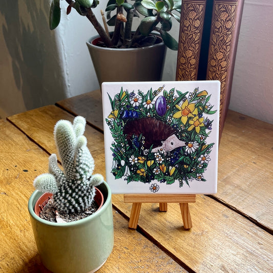Hedgehog in spring~ Ceramic coaster & Easel