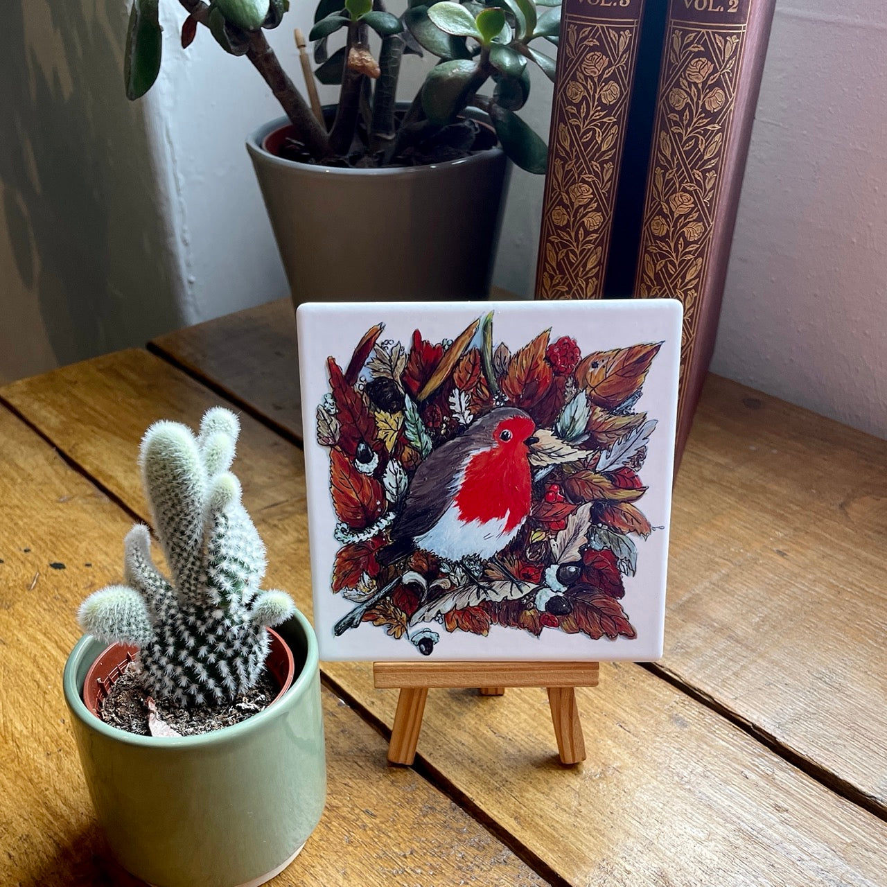 Robin in autumn~ Ceramic coaster & Easel