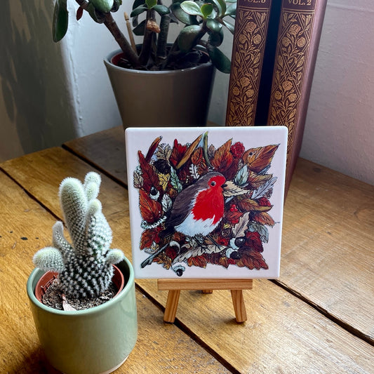 Robin in autumn~ Ceramic coaster & Easel