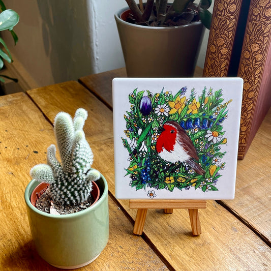 Robin in spring~ Ceramic coaster & Easel