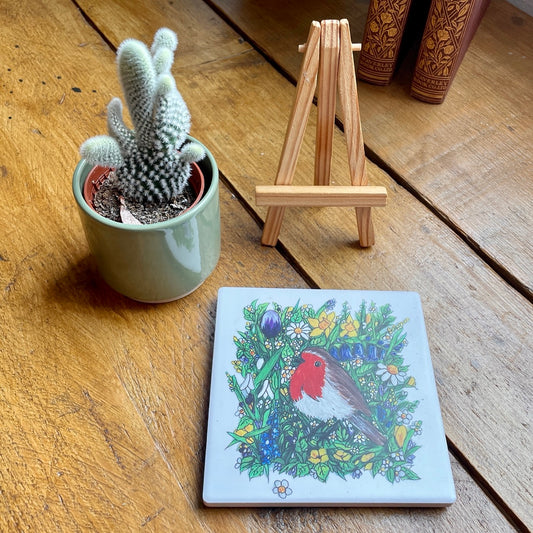 Robin in spring~ Ceramic coaster & Easel
