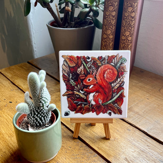 Squirrel in autumn~ Ceramic coaster & Easel