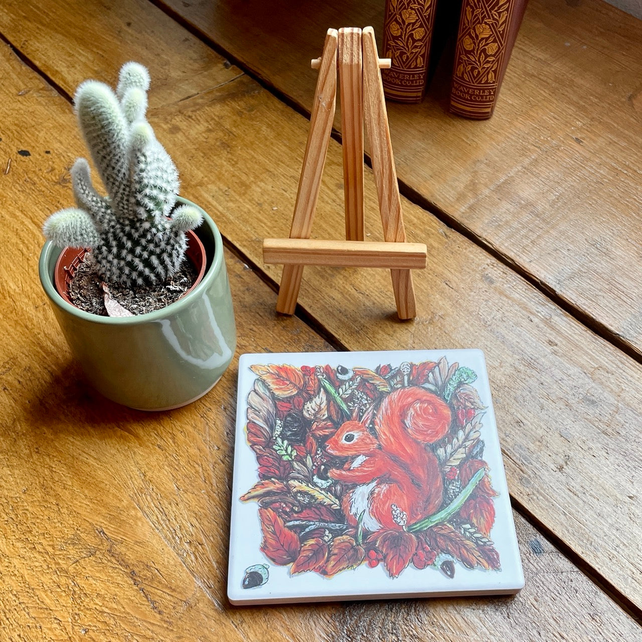 Squirrel in autumn~ Ceramic coaster & Easel