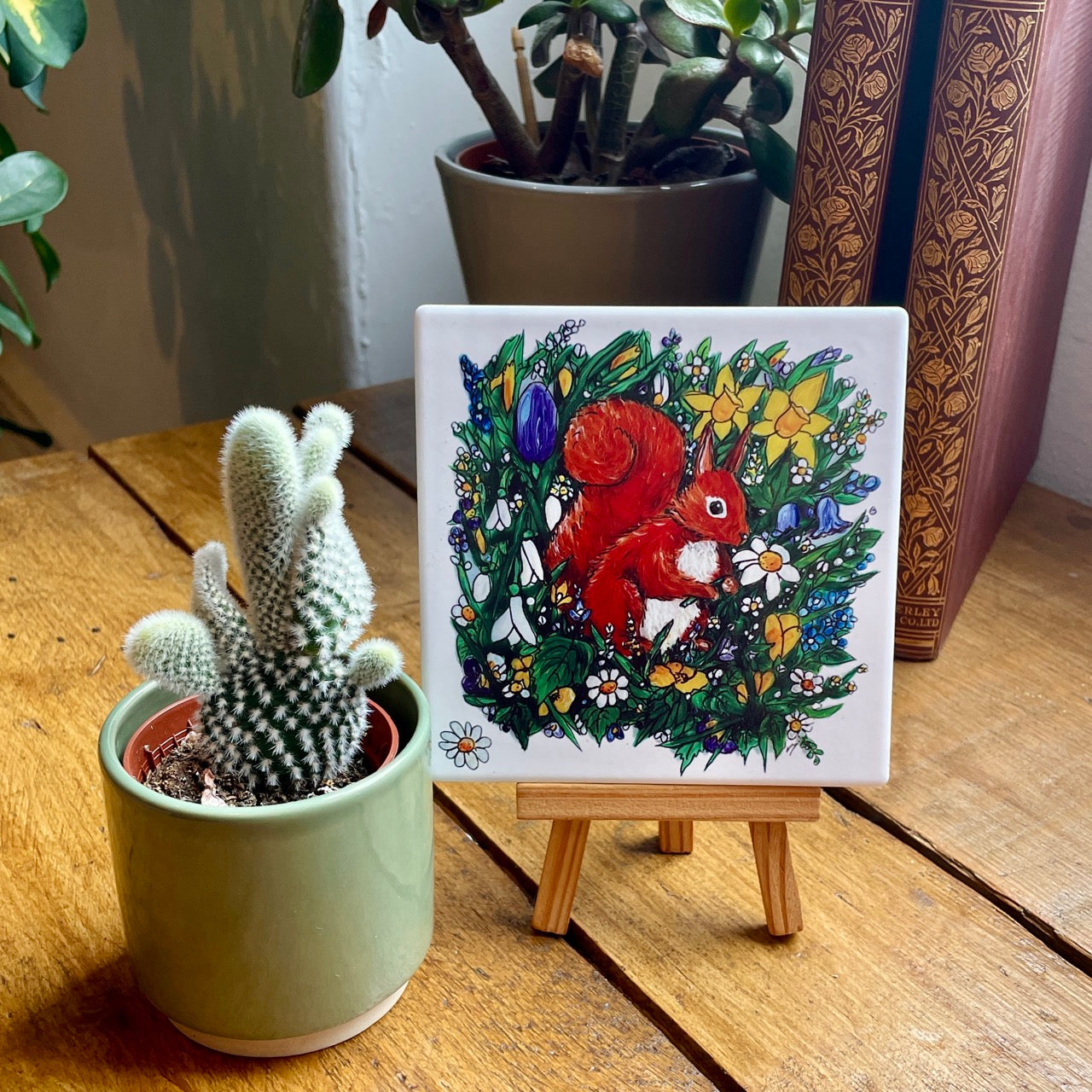 Squirrel in spring~ Ceramic coaster & Easel
