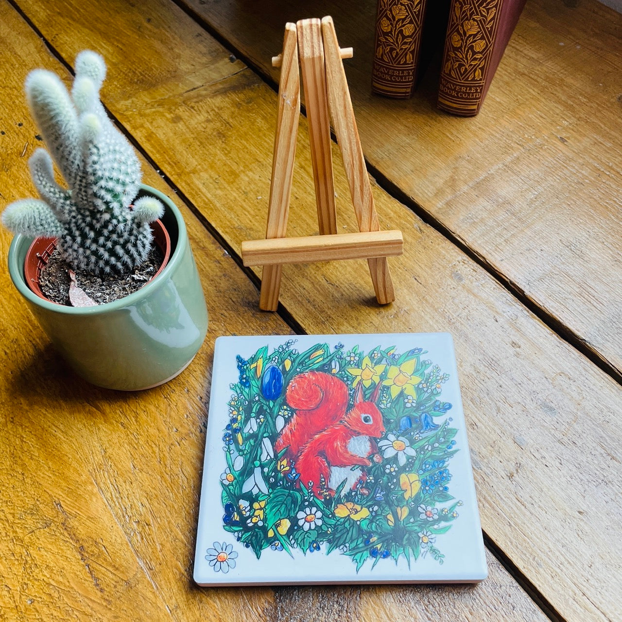 Squirrel in spring~ Ceramic coaster & Easel