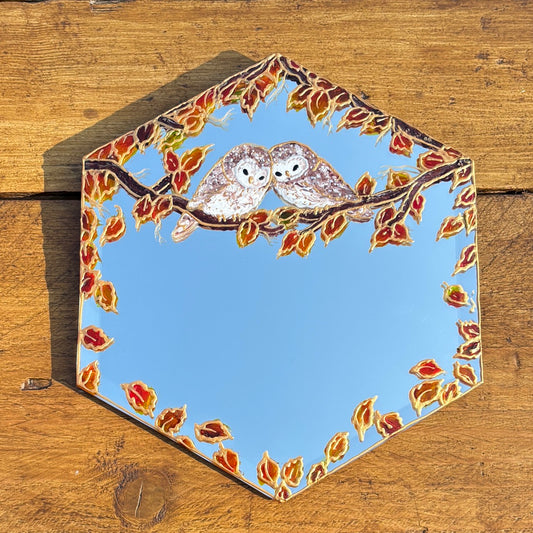 Cozy Owls~ One of a kind small hexagon mirror