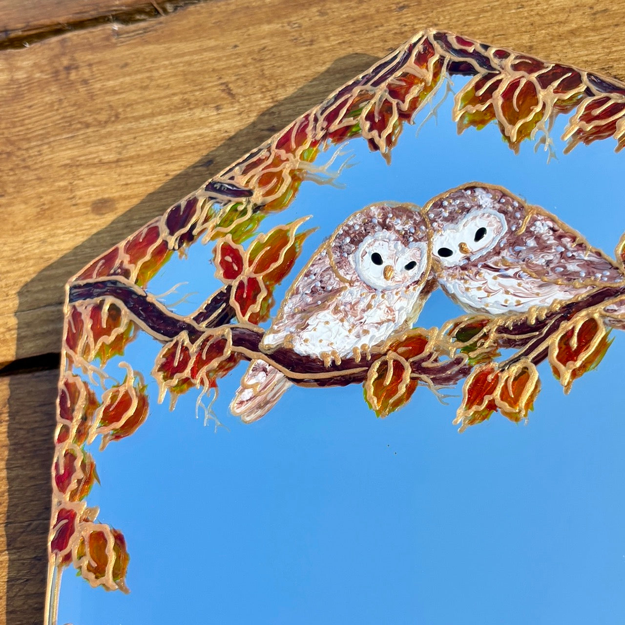 Cozy Owls~ One of a kind small hexagon mirror