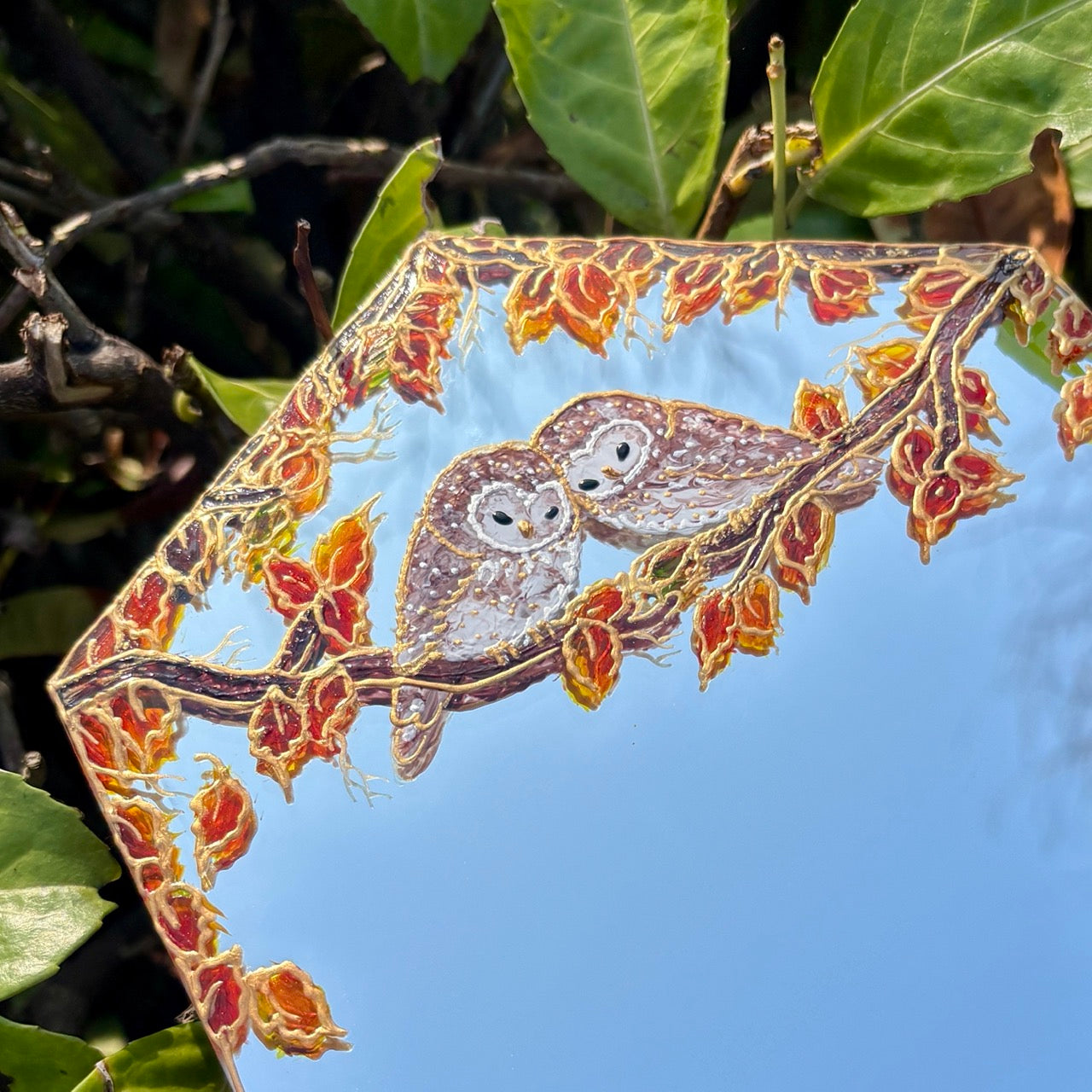 Cozy Owls~ One of a kind small hexagon mirror