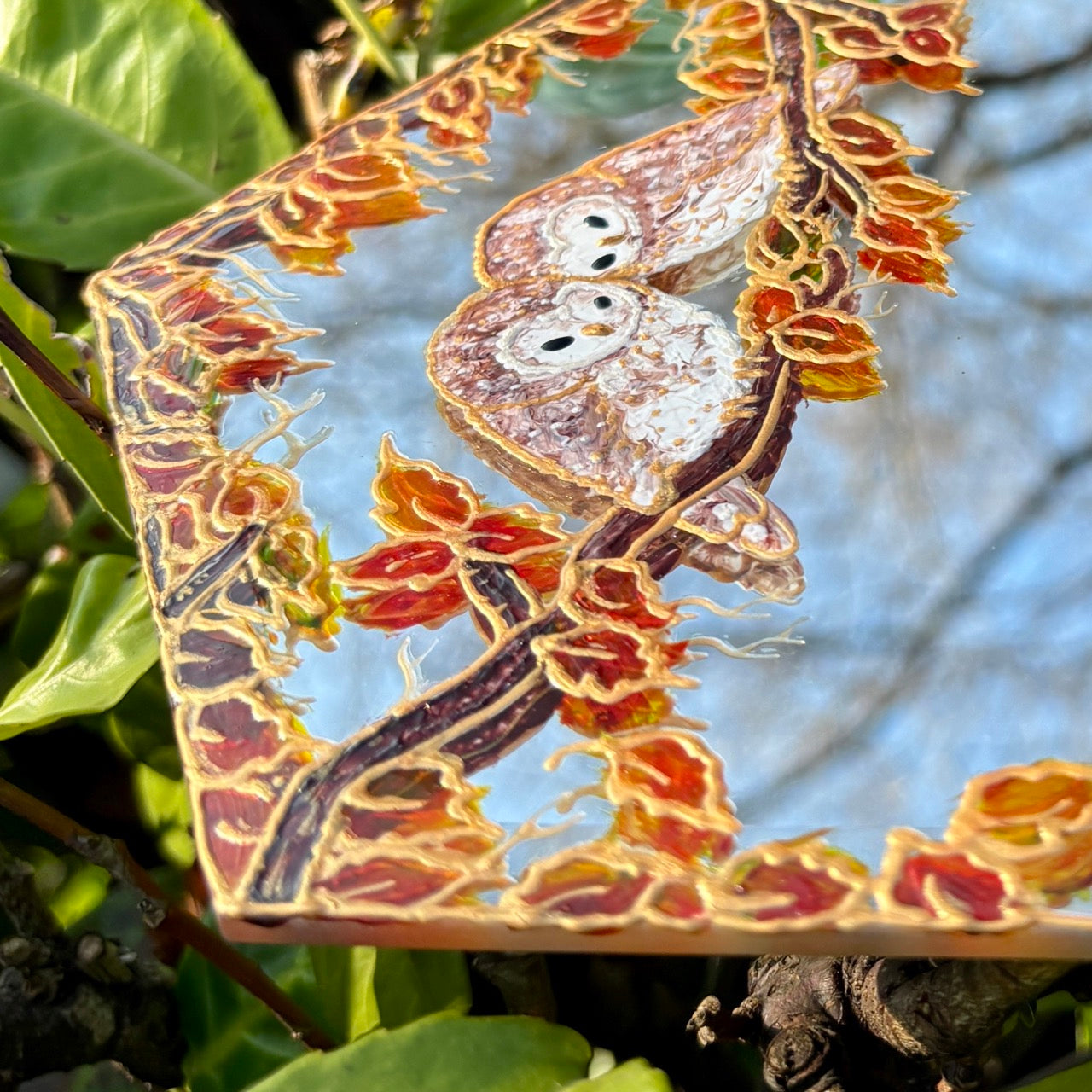 Cozy Owls~ One of a kind small hexagon mirror