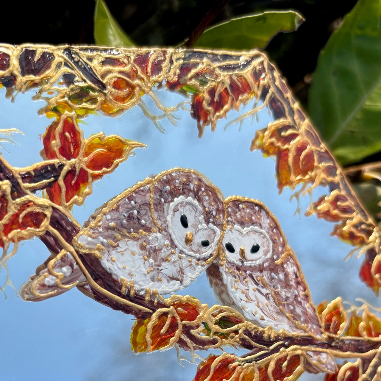 Cozy Owls~ One of a kind small hexagon mirror