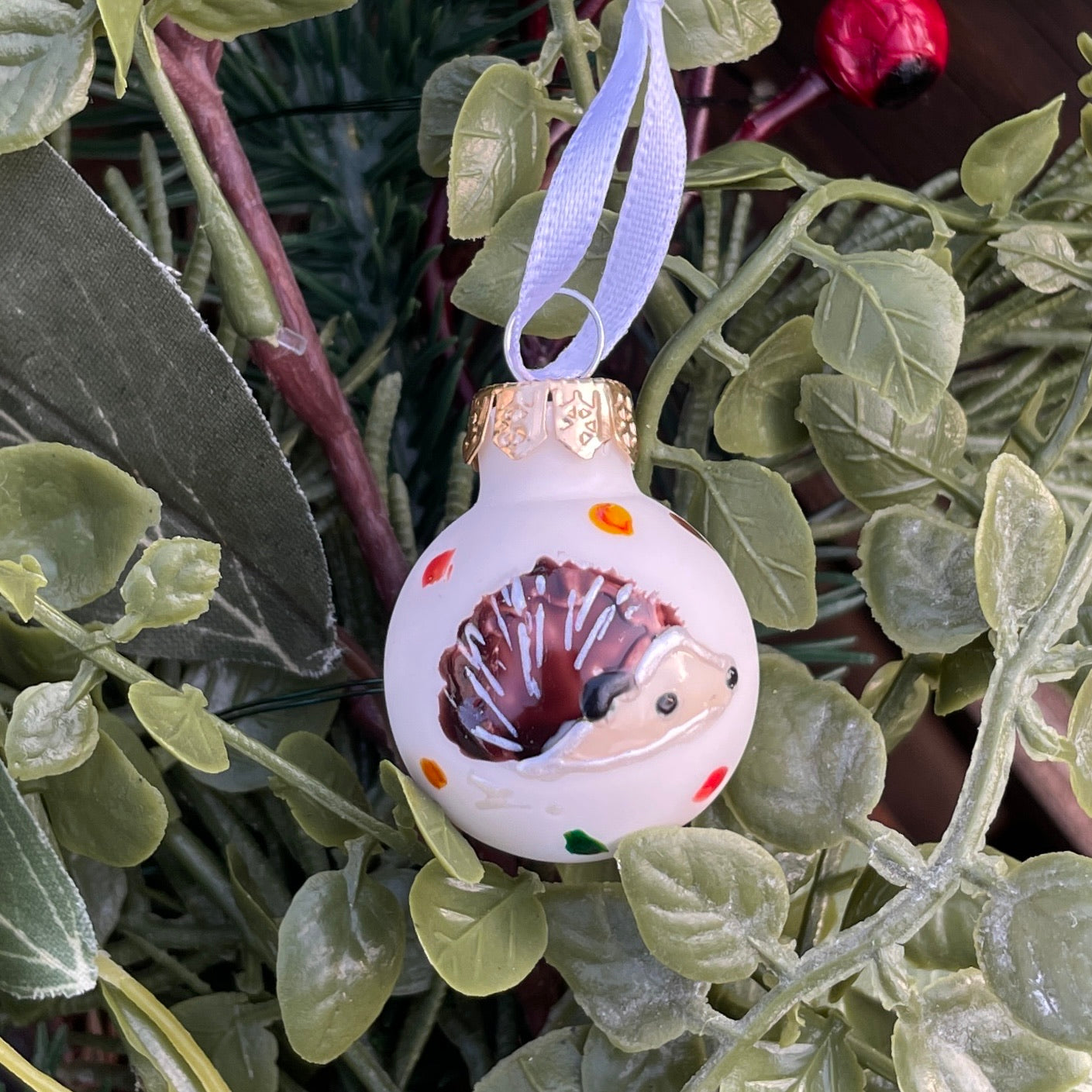 Hedgehog in autumn~ Diddy matt glass bauble