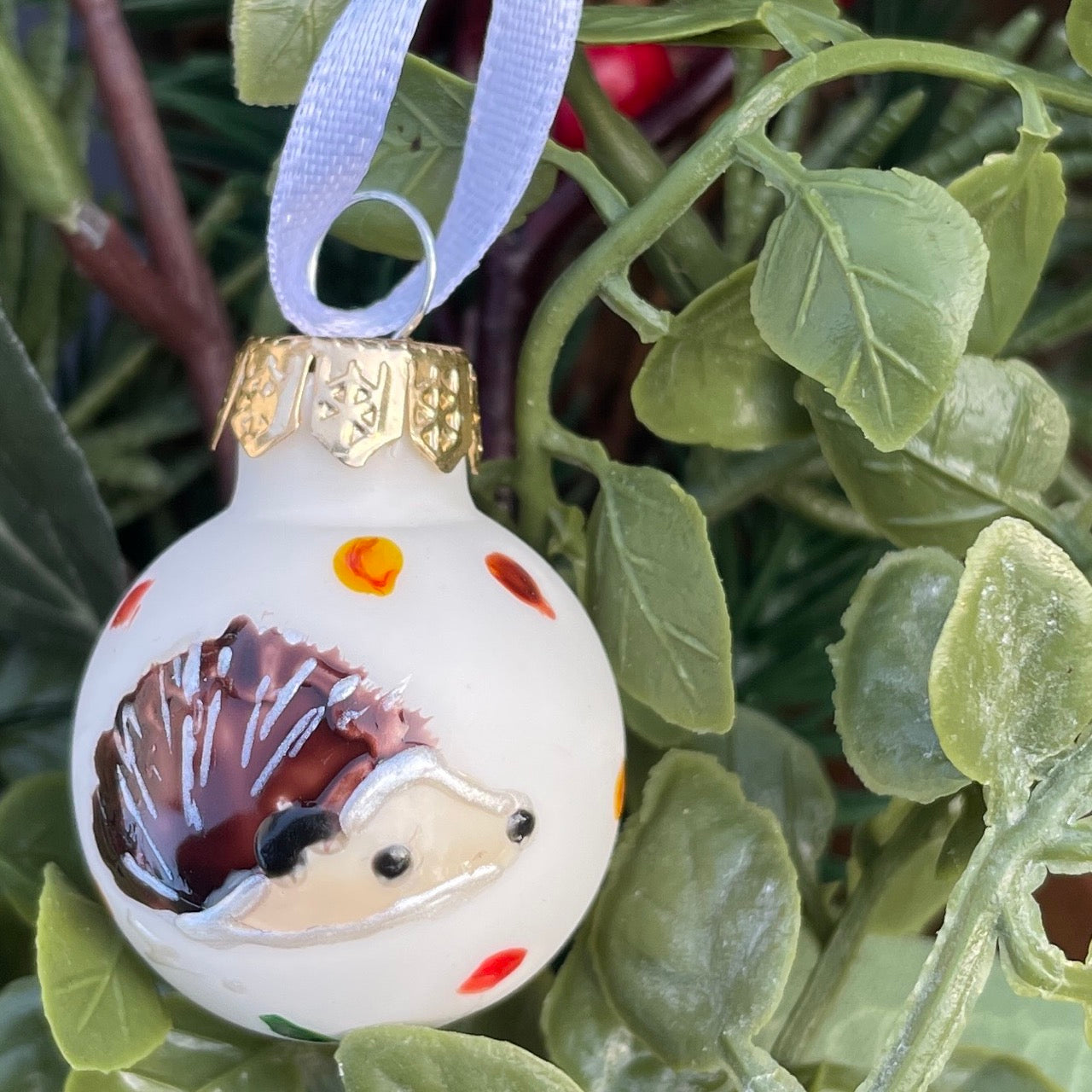 Hedgehog in autumn~ Diddy matt glass bauble