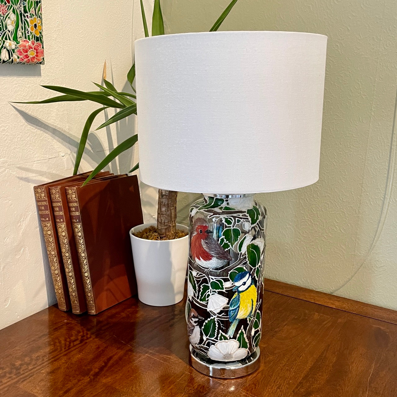 Garden Birds~ One of a kind hand painted glass table lamp