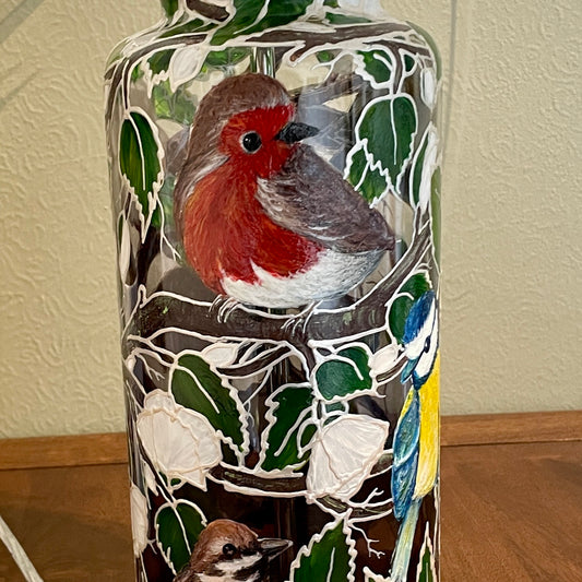 Garden Birds~ One of a kind hand painted glass table lamp
