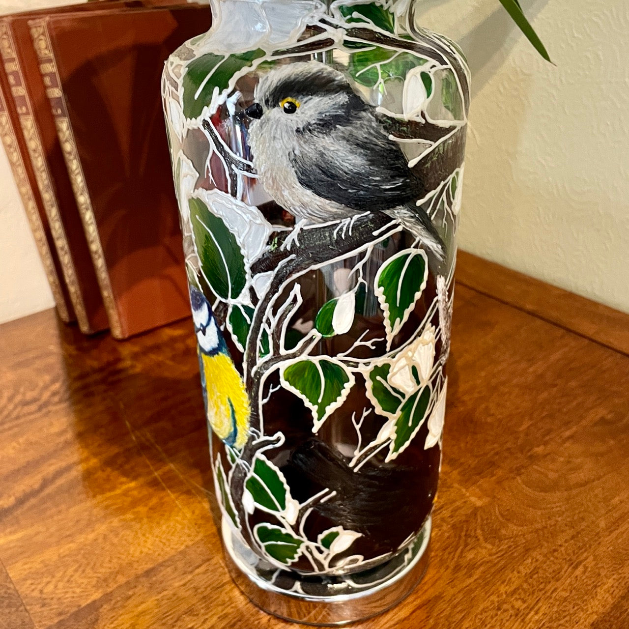 Garden Birds~ One of a kind hand painted glass table lamp