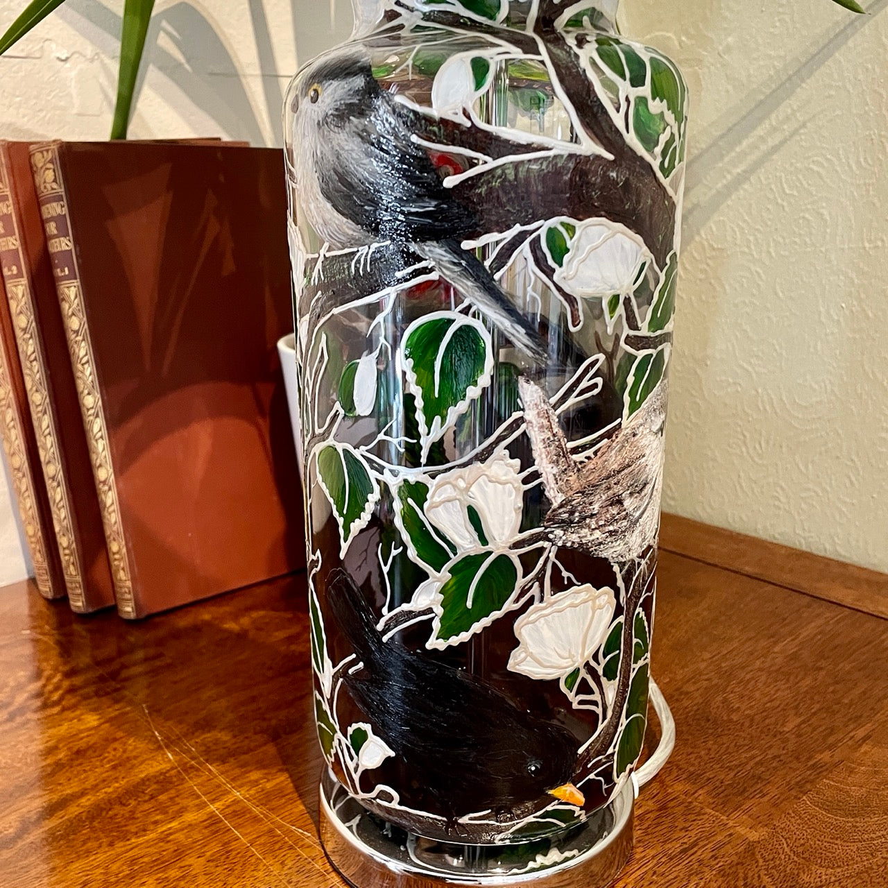 Garden Birds~ One of a kind hand painted glass table lamp