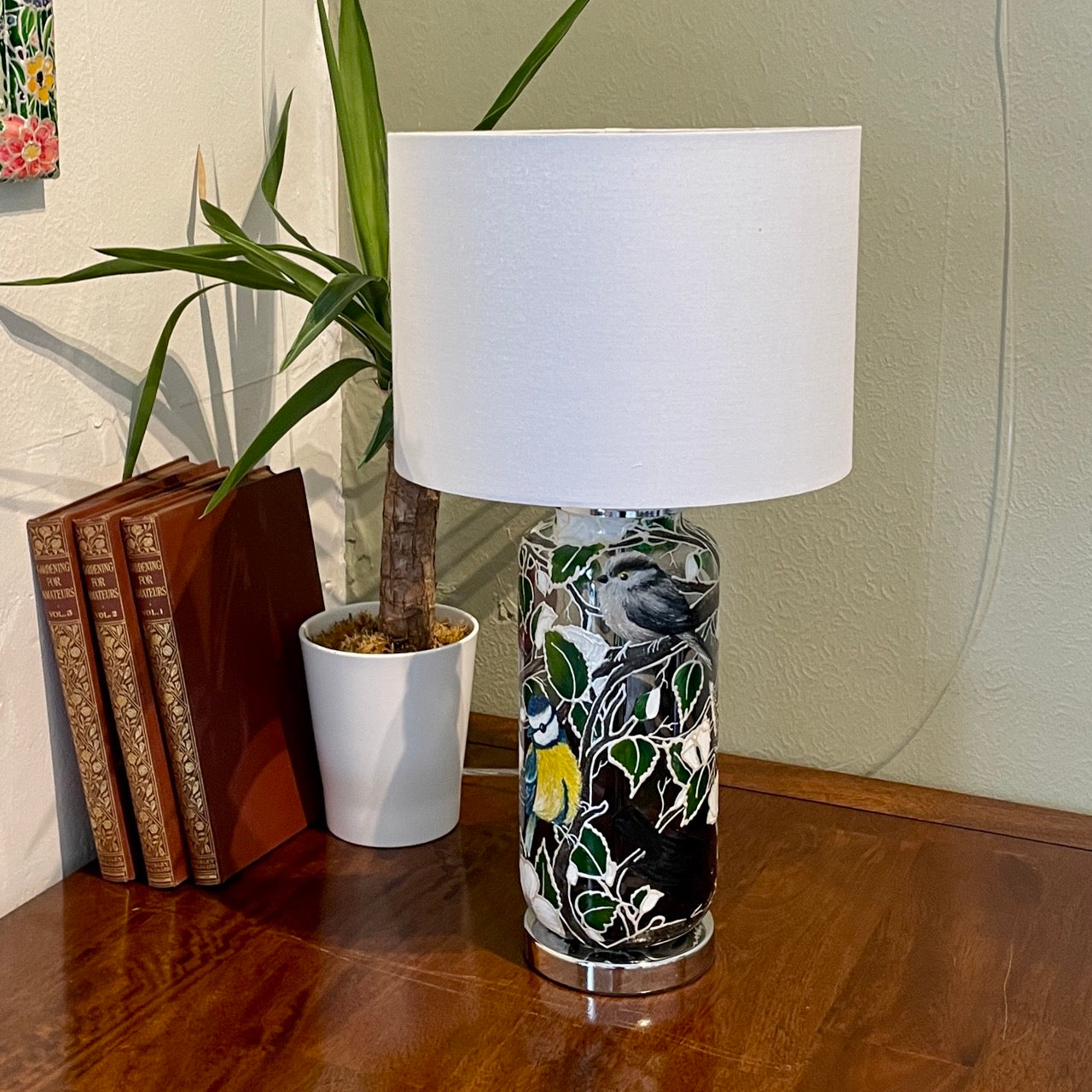 Garden Birds~ One of a kind hand painted glass table lamp