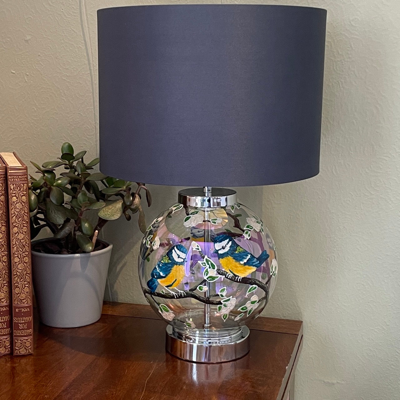 Blue Tits~ One of a kind hand painted glass table lamp