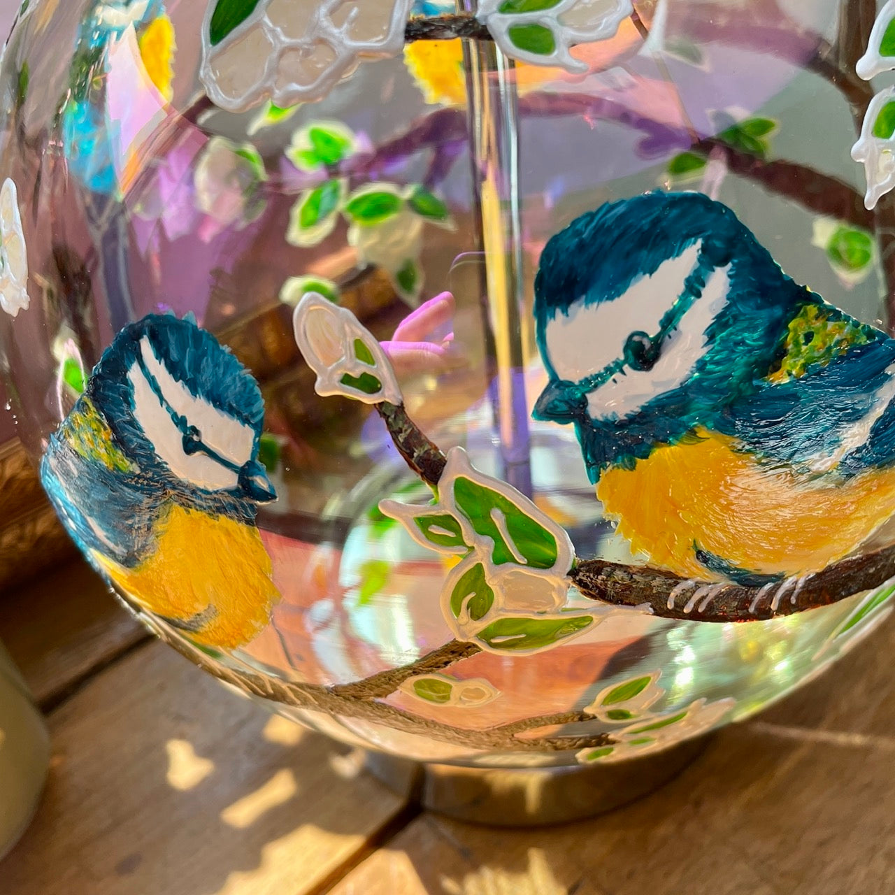 Blue Tits~ One of a kind hand painted glass table lamp