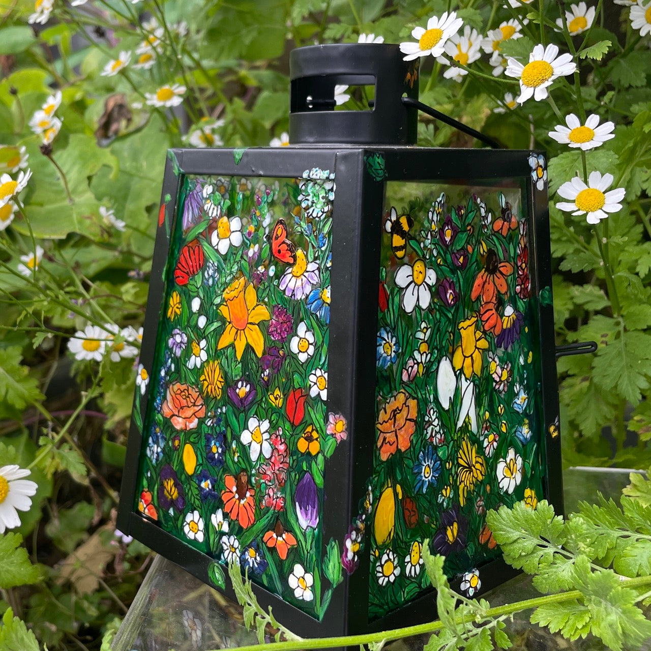Floral garden~ One of a kind black lantern
