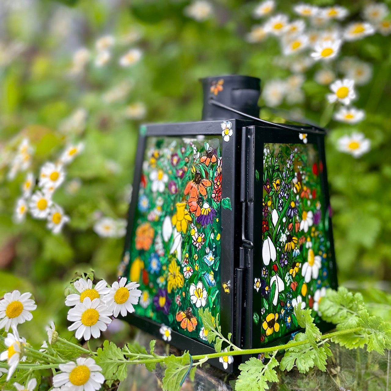 Floral garden~ One of a kind black lantern