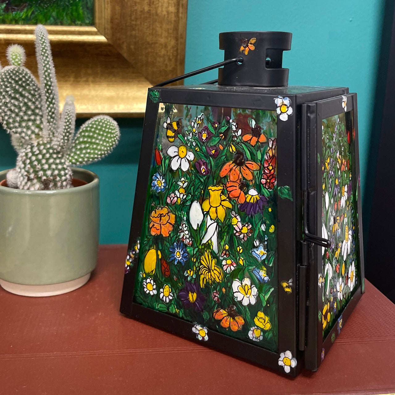 Floral garden~ One of a kind black lantern