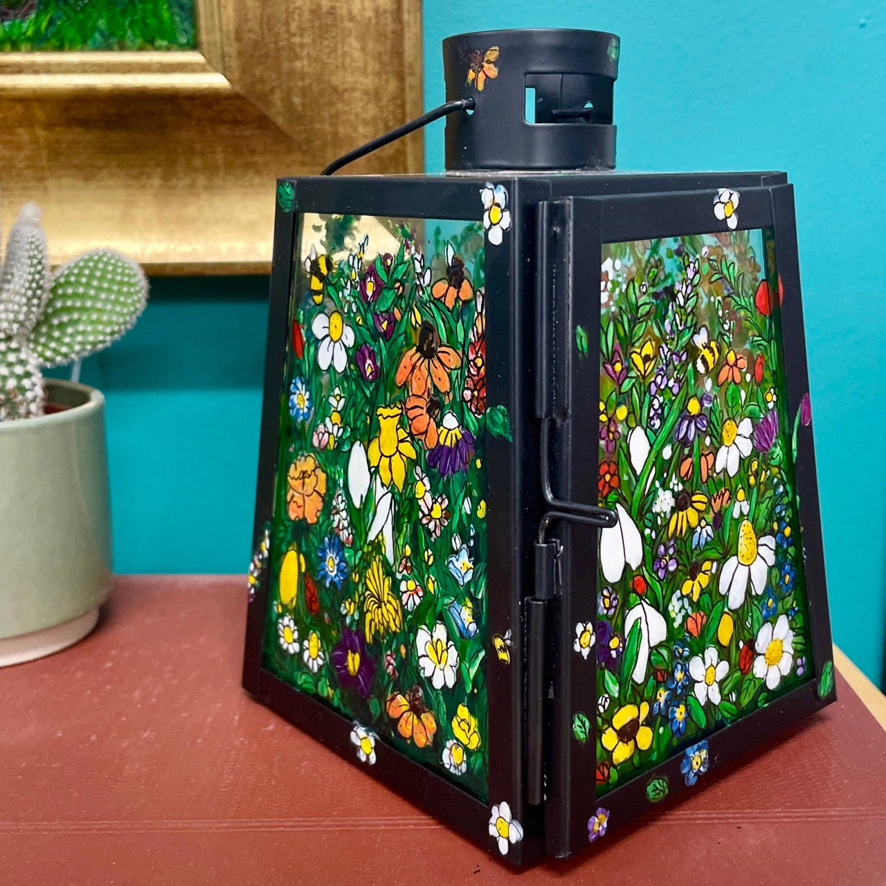 Floral garden~ One of a kind black lantern