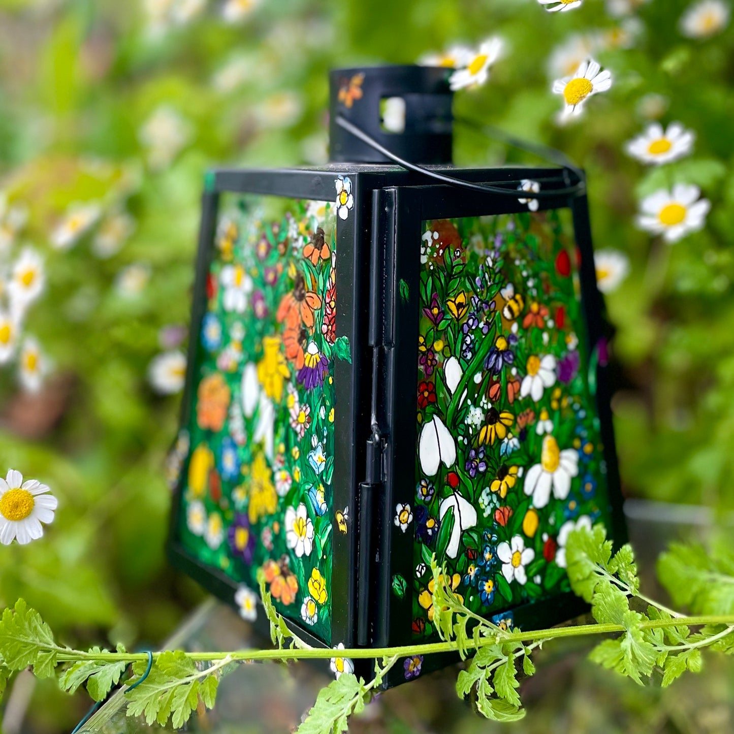 Floral garden~ One of a kind black lantern