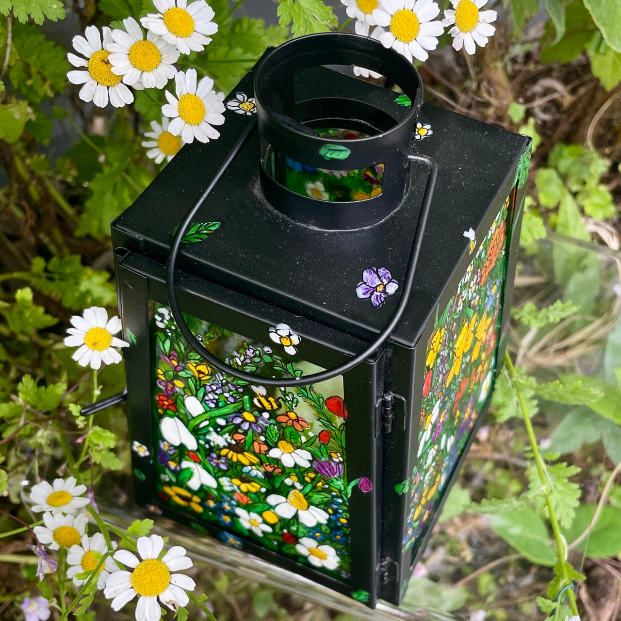 Floral garden~ One of a kind black lantern