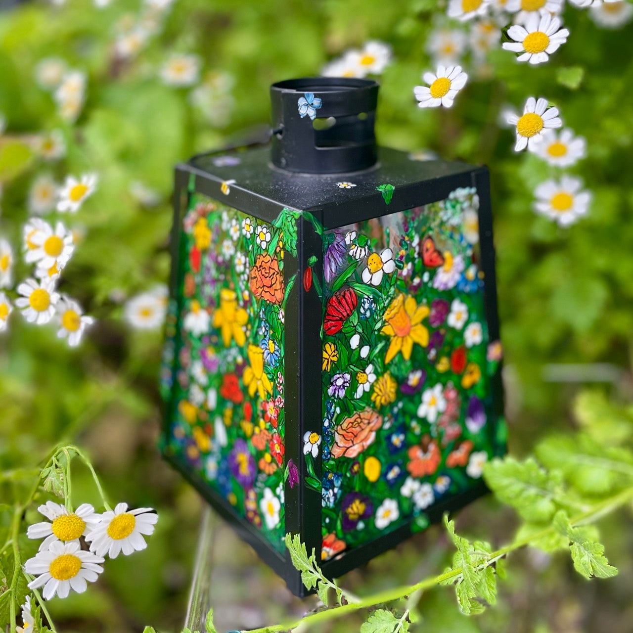 Floral garden~ One of a kind black lantern