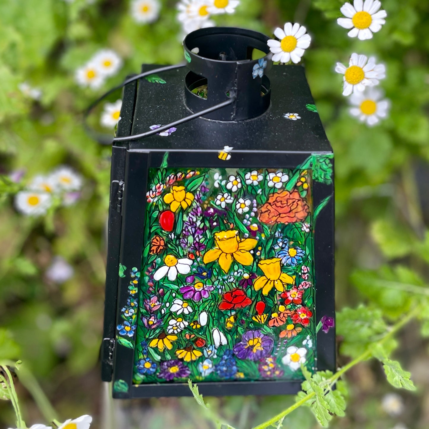 Floral garden~ One of a kind black lantern