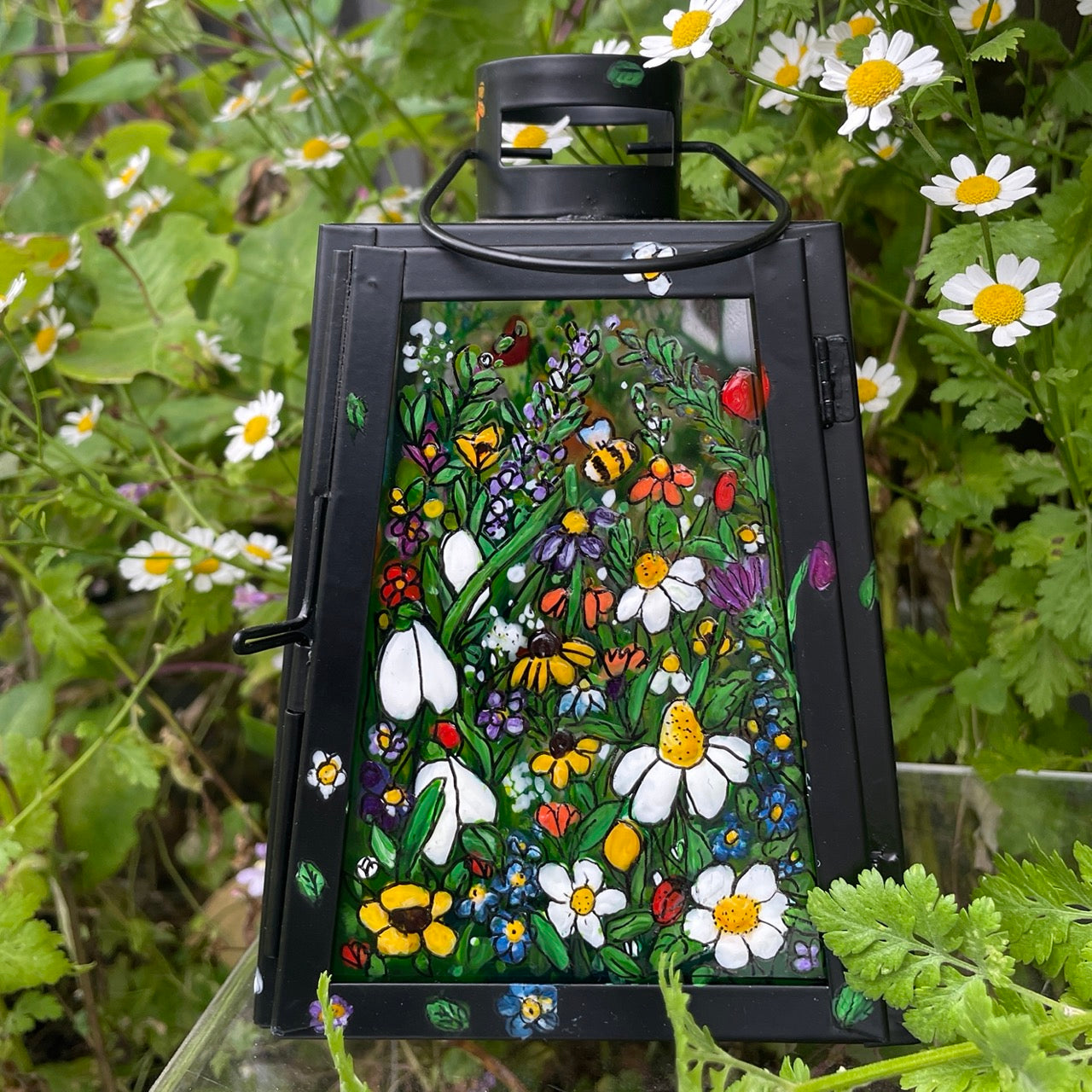 Floral garden~ One of a kind black lantern