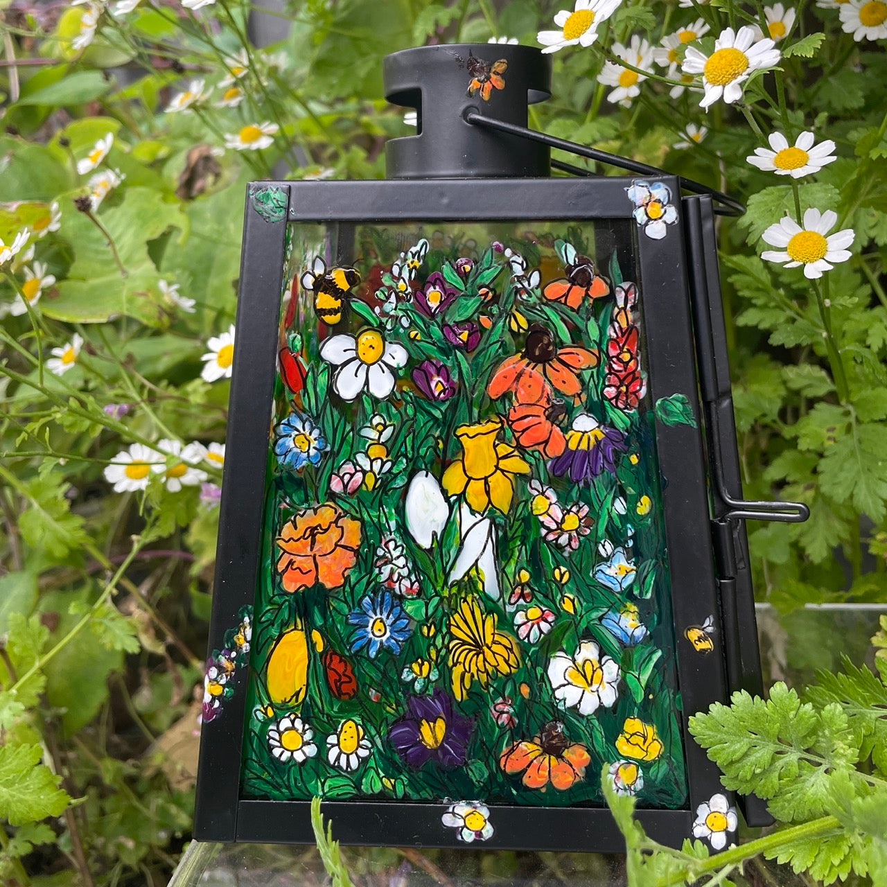 Floral garden~ One of a kind black lantern
