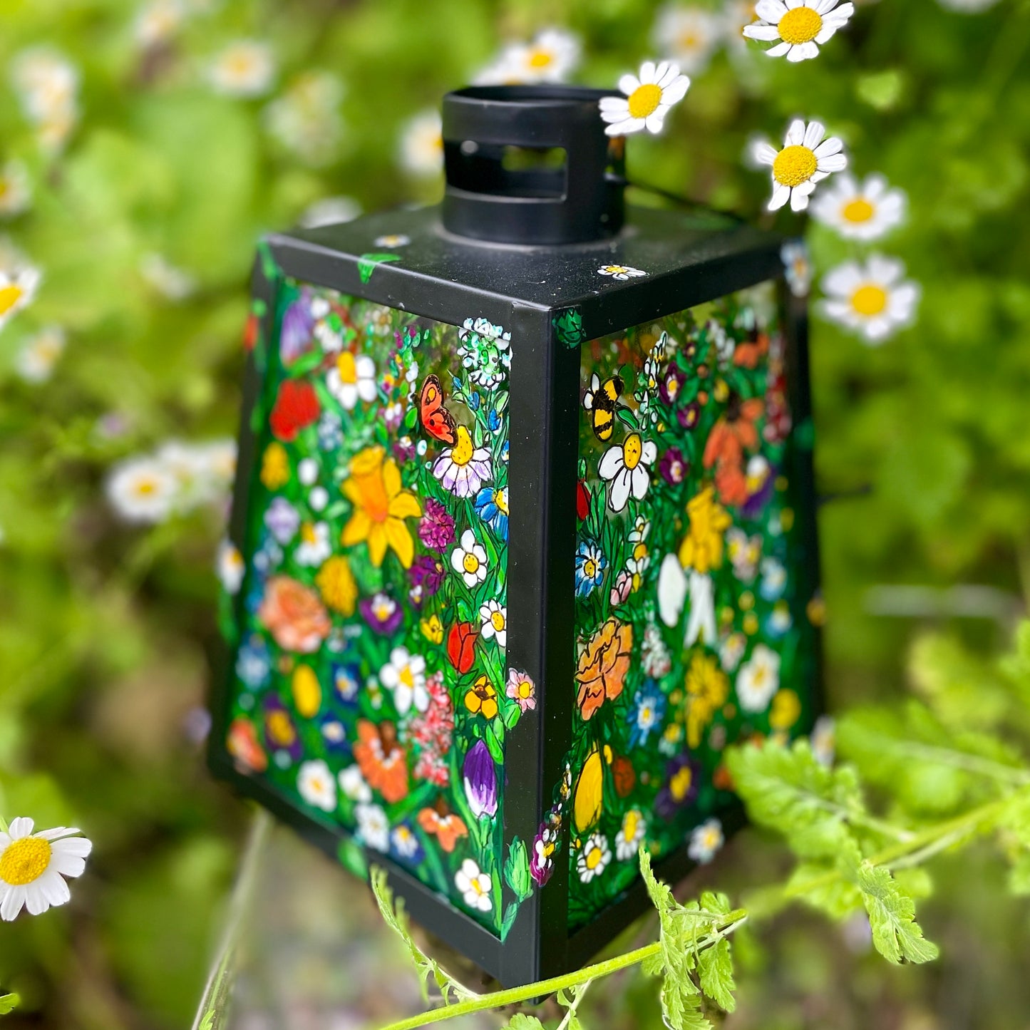 Floral garden~ One of a kind black lantern