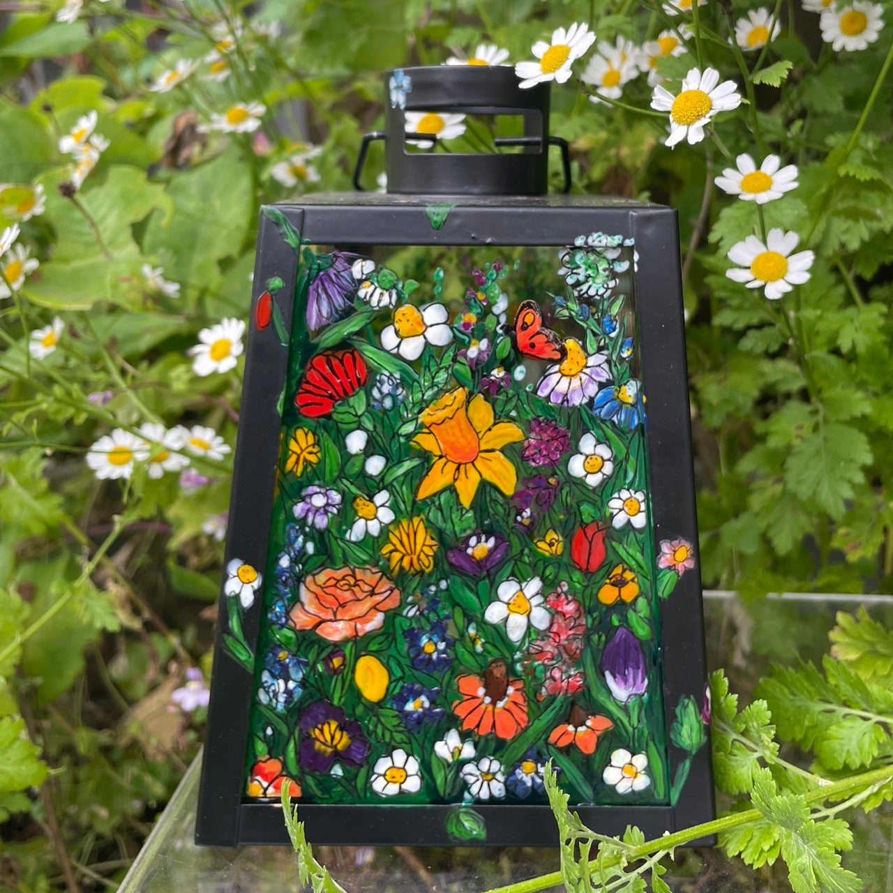 Floral garden~ One of a kind black lantern