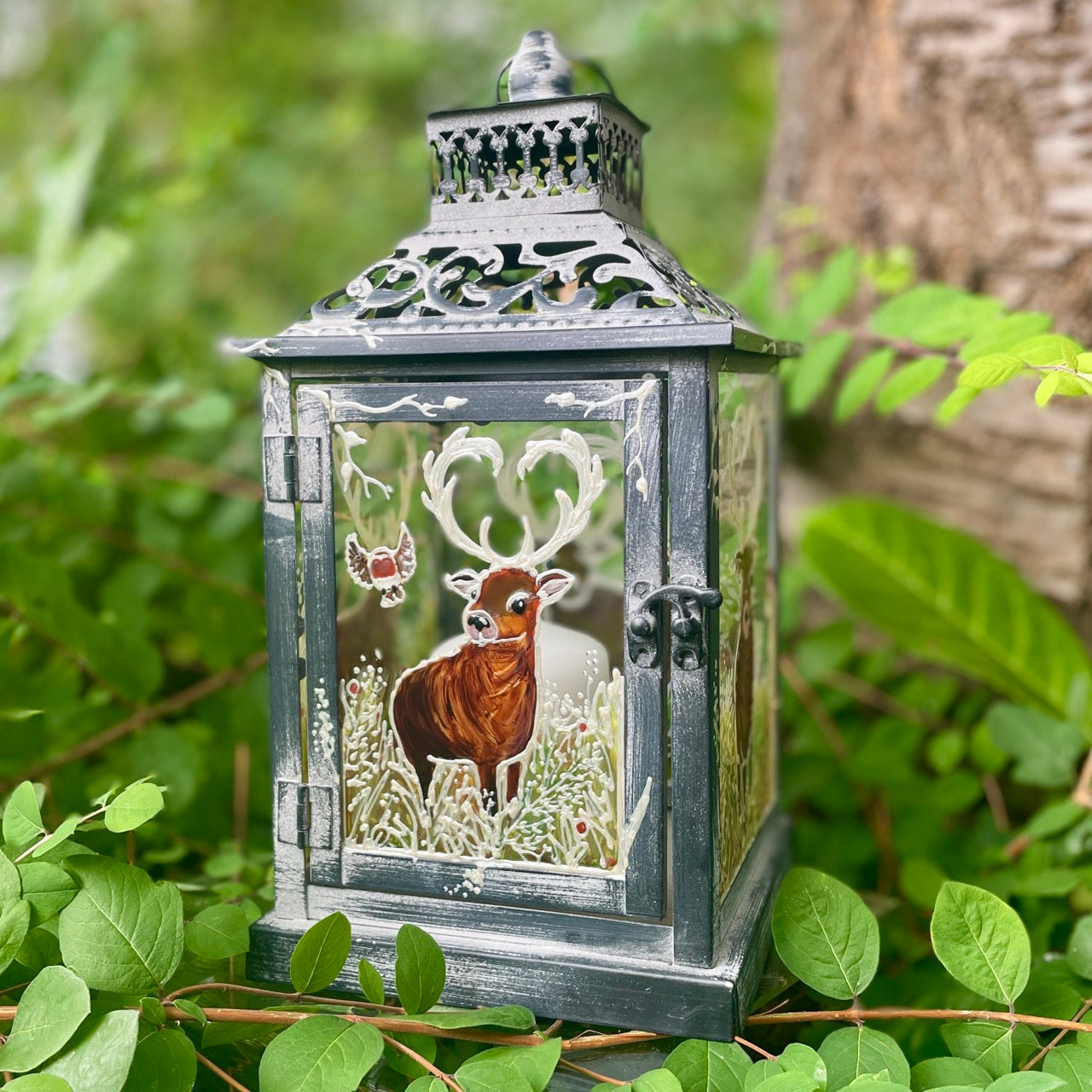 Frosted stag~ One of a kind lantern