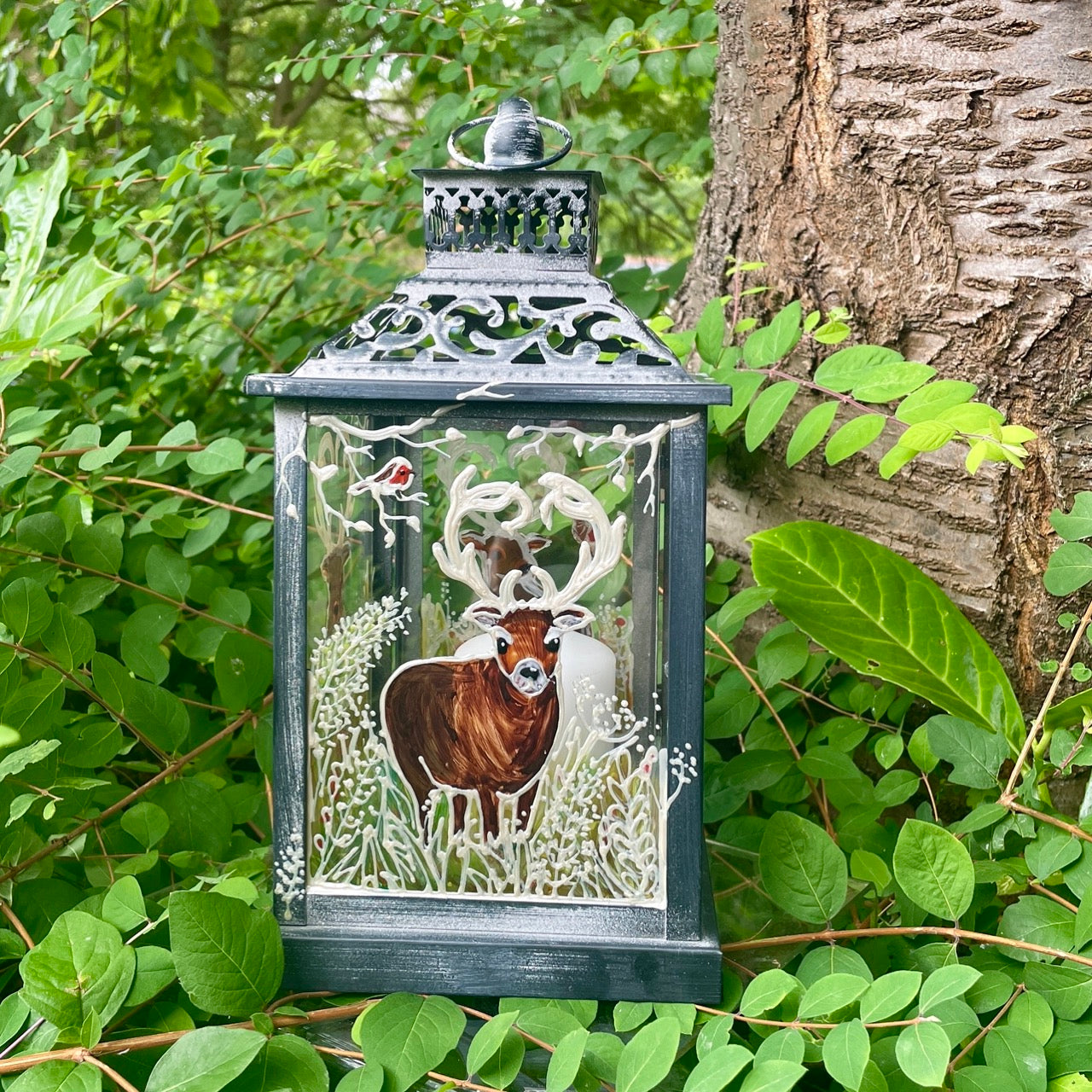 Frosted stag~ One of a kind lantern