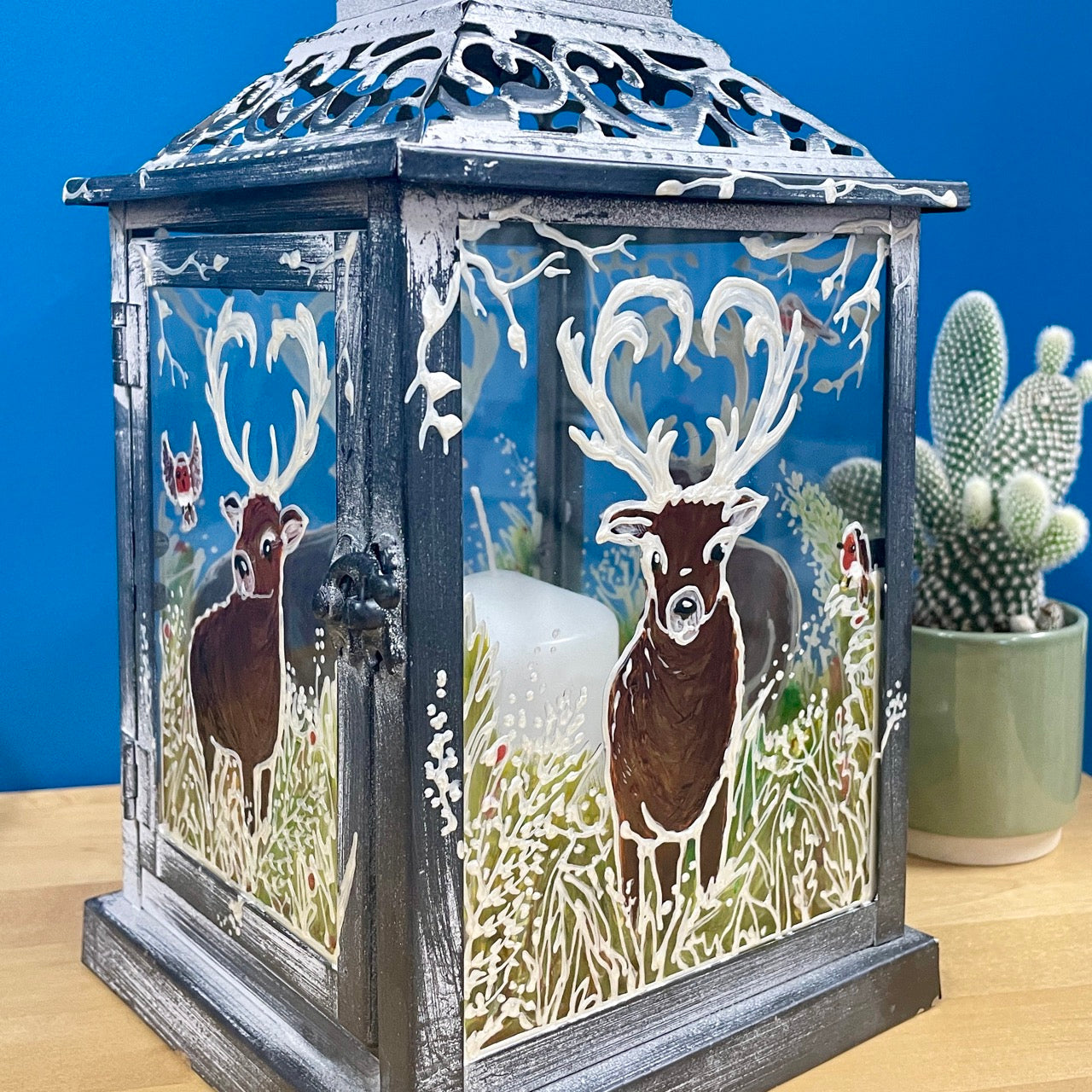 Frosted stag~ One of a kind lantern