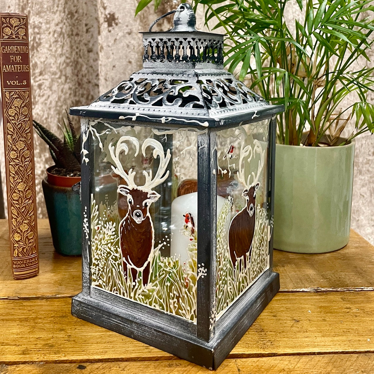 Frosted stag~ One of a kind lantern