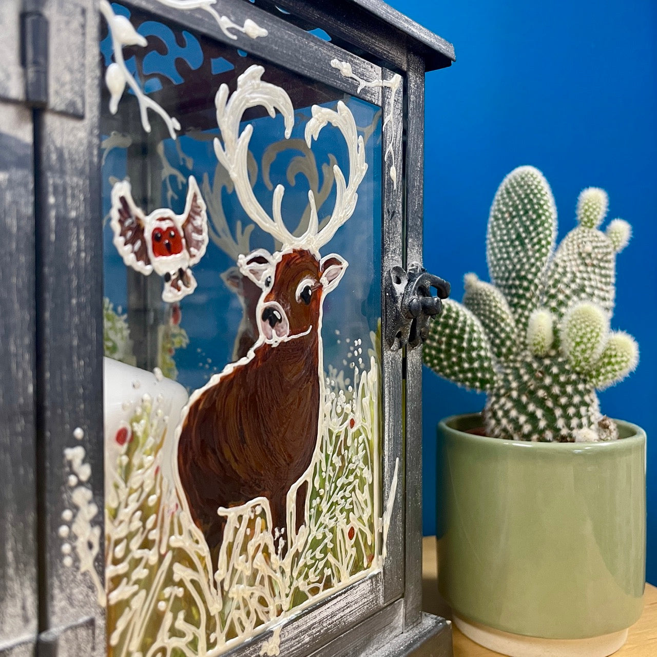 Frosted stag~ One of a kind lantern