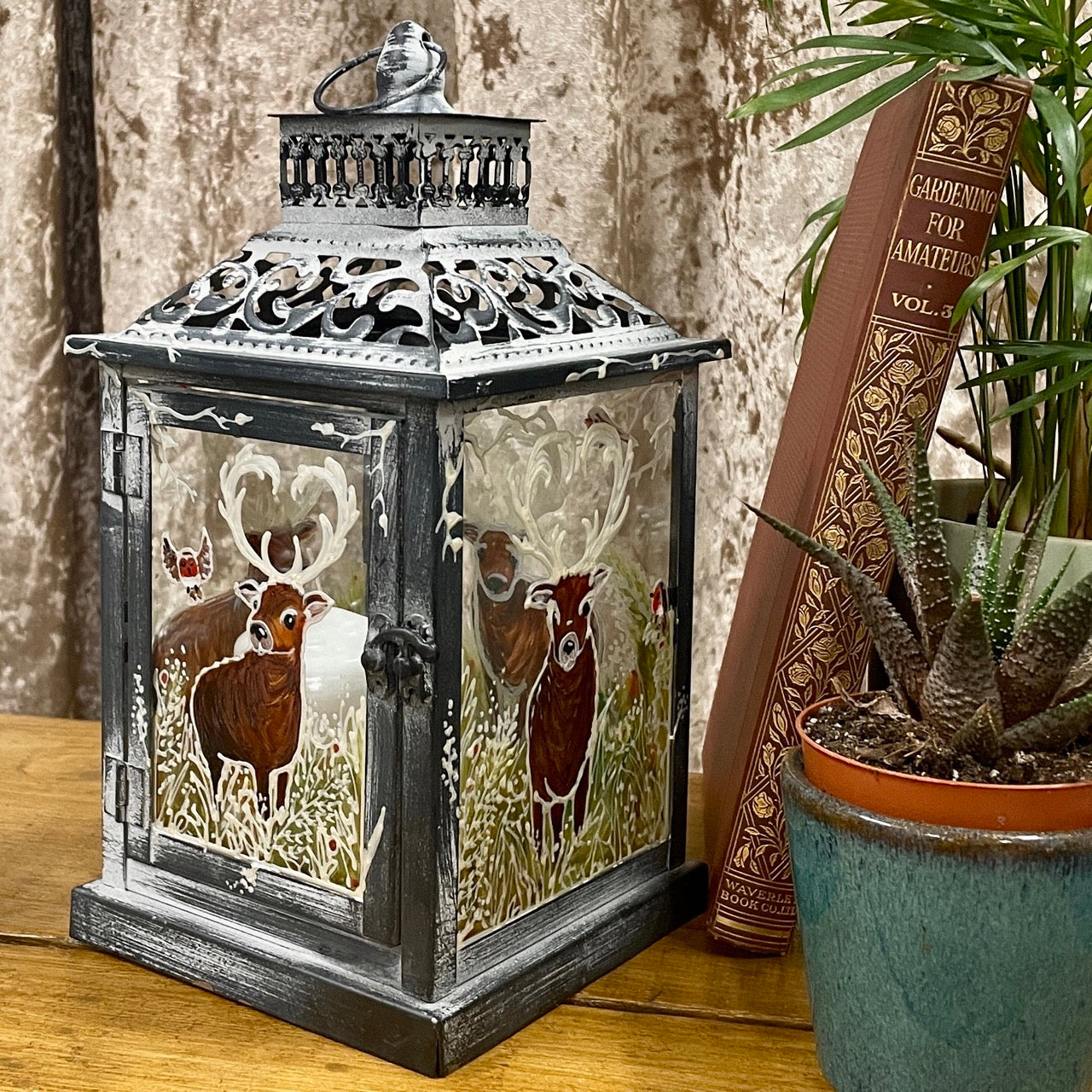 Frosted stag~ One of a kind lantern